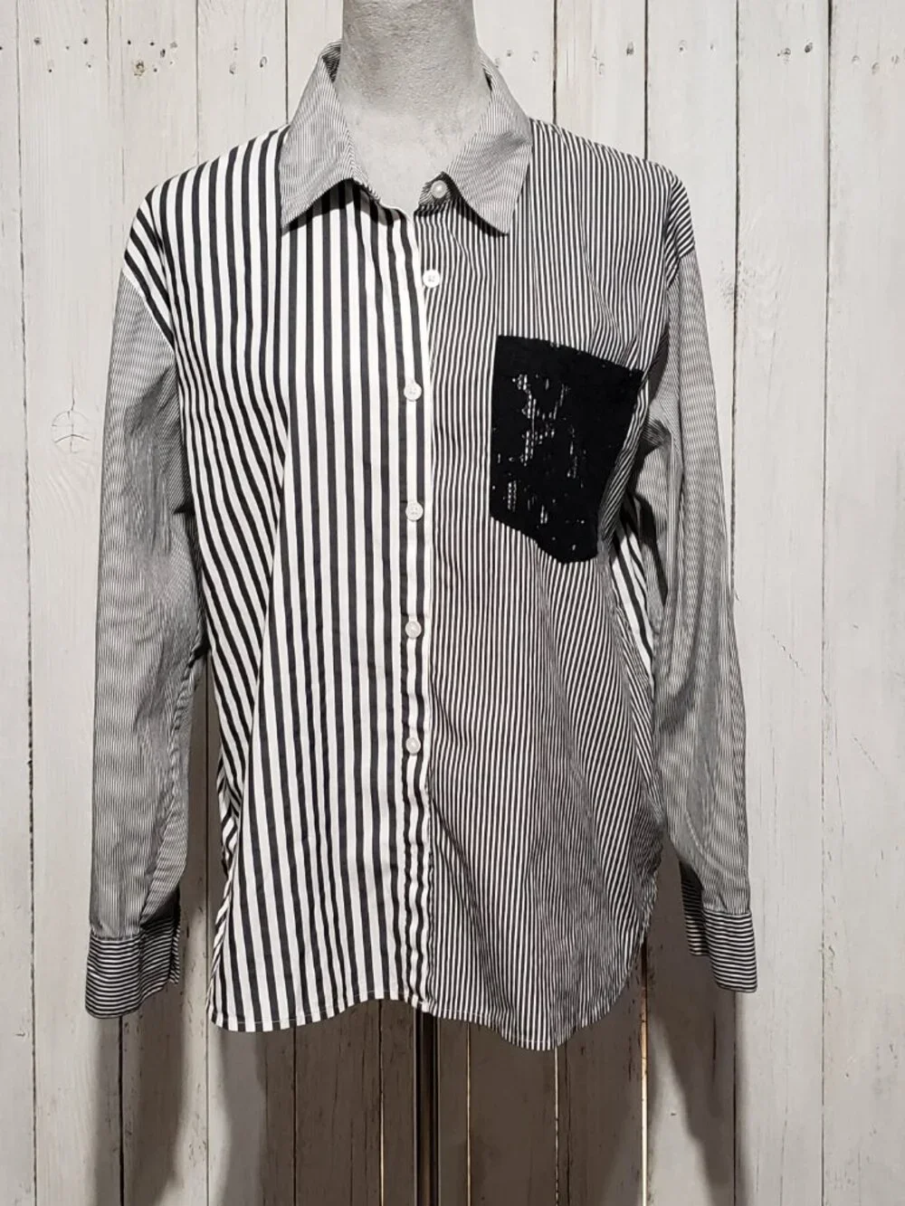 DKNY Patchwork Mix Print Top L Office Preppy Monochrome Witchy Goth Alt Moody LS - Picture 2 of 8